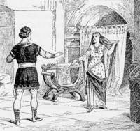 Sir Gwain sorprendido ante la bruja convertida en hermosa joven.